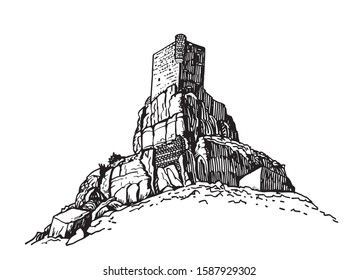 Graphical hand-drawn  sketch of medieval atienza castle isolated on white background,Spain,vector illustration