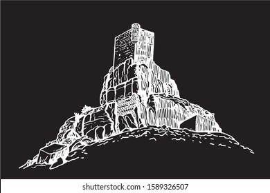 Graphical hand-drawn  sketch of medieval Atienza castle isolated on black background,Spain,vector illustration