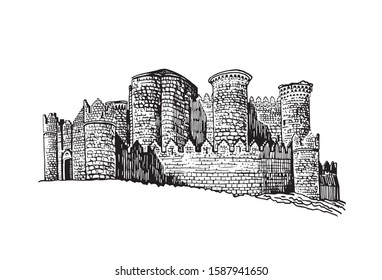  Graphical hand-drawn  sketch of medieval Belmonte castle isolated on white background,Spain,vector illustration