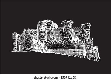 Graphical hand-drawn  sketch of medieval Belmonte castle isolated on black background,Spain,vector illustration