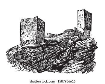 Graphical hand-drawn  sketch of medieval Zafra castle isolated on white background,Spain,vector illustration