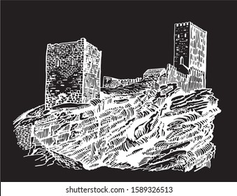 Graphical hand-drawn  sketch of medieval Zafra castle isolated on black background,Spain,vector illustration