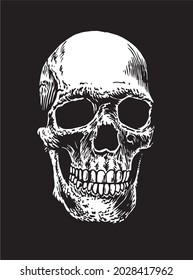 Graphical hand-drawn skull of human isolated black background,vector 3 D illustration