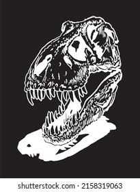 Graphical hand-drawn skull of tyrannosaurus isolated on black background,vector element, paleontology