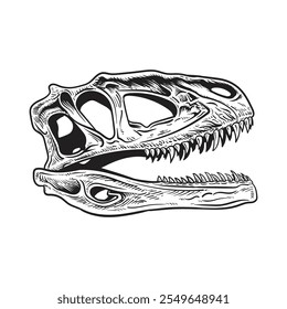 Cráneo gráfico dibujado a mano del tiranosaurio aislado en el fondo blanco, elemento de Vector, paleontología, T-Rex Dinosaur Head Skull Tattoo