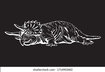 Graphical hand-drawn triceratops isolated on black background, vector illustration,paleontology
