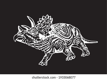 Graphical hand-drawn triceratops isolated on black background, vector illustration