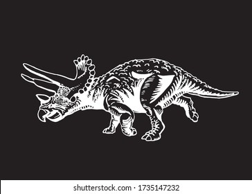 Graphical hand-drawn triceratops running isolated on black background ,vector engraved illustration