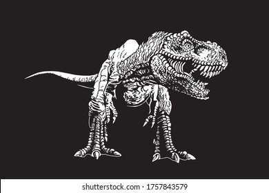 Graphical hand-drawn tyrannosaurus isolated on black, vector illustration for printing