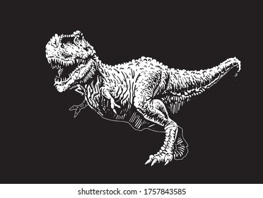 Graphical hand-drawn tyrannosaurus isolated on black, vector illustration for printing