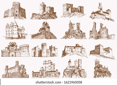 Graphical hand-drawn  vintage set of medieval castles ,vector illustration