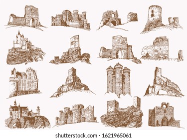 Graphical hand-drawn  vintage set of medieval castles ,vector illustration