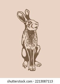 Graphical hare , sepia background. Vector drawing of forest animal