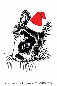 Graphical head of  bunny in Santa Claus hat on white background isolated,vector new year element