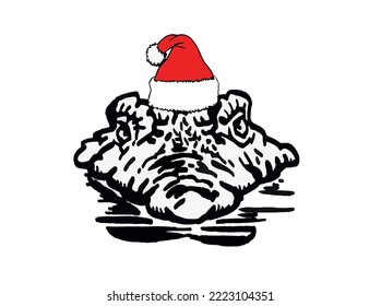 Graphical head of crocodile in Santa Claus hat isolated on white background,vector illustration