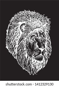 Graphical head of lion isolated on black,vector engraved  illustration,tattoo	
