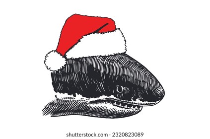 Graphical  head of shark in Santa Claus red hat on white background, underwater life. Vector new year illustration, great white shark element