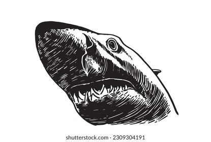 Graphical head of shark with sharp teeth isolated on white, megalodon portrait. Vector illustration of underwater hunter