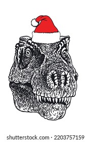 Graphical head of tyrannosaurus in Santa Claus hat isolated on white,vector new year illustration