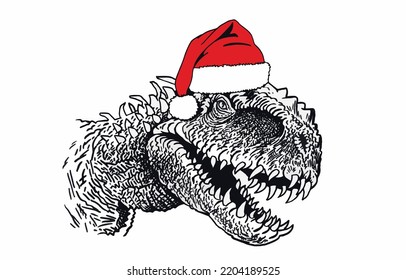 Graphical head of tyrannosaurus in Santa Claus hat isolated on white,vector new year illustration