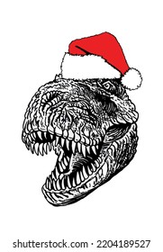 Graphical head of tyrannosaurus in Santa Claus hat isolated on white,vector new year illustration