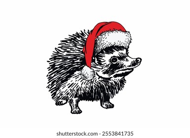 Graphical hedgehog  in red Santa hat isolated on white background,vector illustration, forest animal	