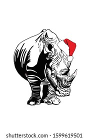 Graphical hippo in Santa Claus hat isolated on white background, vector illustration