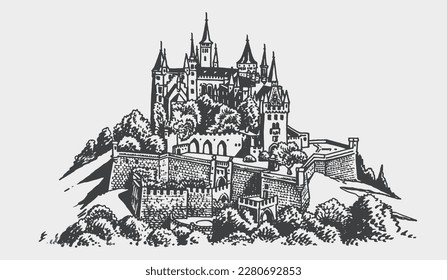 Castillo gráfico Hohenzollern aislado en blanco,ilustración vectorial, arquitectura de Alemania