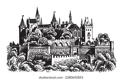 Castillo gráfico Hohenzollern aislado en blanco,ilustración vectorial, arquitectura de Alemania