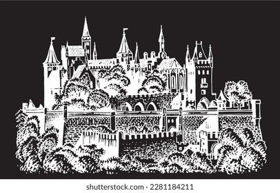 Graphical Hohenzollern castle isolated on black,vector engraved  illustration, architecture of Germany