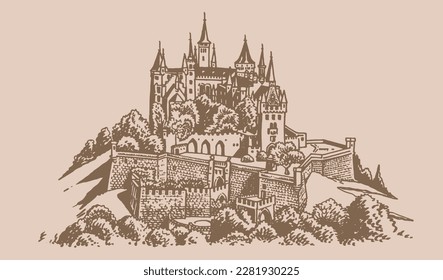 Graphical Hohenzollern castle  on sepia background,vector illustration, architecture of Germany