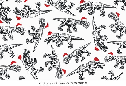 Graphical horizontal design with dinosaurs in Santa Claus hats , vector Christmas wallpaper design	