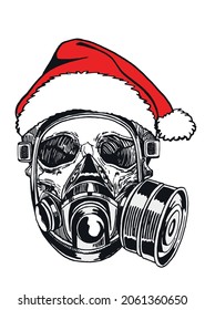 Calavera gráfica humana con máscara de gas y sombrero de Santa Claus sobre fondo blanco