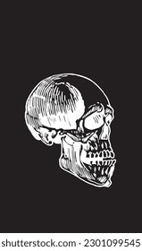 Graphical human skull isolated on black background,vector illustration. Spooky illustration for tattoo and design.Human fossil, science