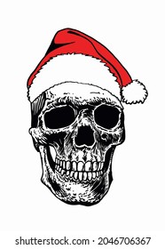 Graphical human skull in Santa Claus hat isolated on white background, vector Christmas decor.Spooky Christmas