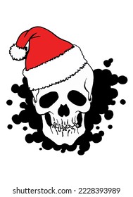 Graphical human skull in Santa Claus hat isolated on white background,vector element of Christmas spooky design
