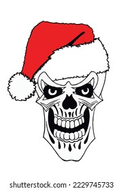 Graphical human skull in Santa Claus hat isolated on white background,vector element of Christmas spooky design