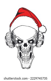 Graphical human skull in Santa Claus hat isolated on white background,vector element of Christmas spooky design