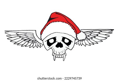 Graphical human skull in Santa Claus hat isolated on white background,vector element of Christmas spooky design