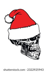 Graphical human skull in Santa Claus hat isolated on white background,vector element of Christmas spooky design