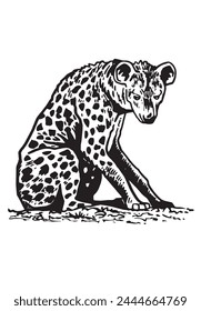Hiena gráfica sentada sobre fondo blanco, animal africano	