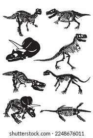 Graphical illustration, big set of dinosaur skeletons isolated on white background,vector illustration, fossils