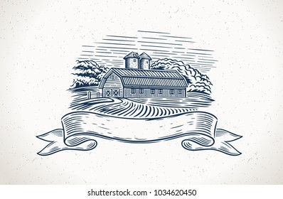 Graphical illustration of a countryside landscape with farm and a design element - tapes for inscription.