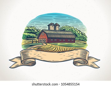 Graphical illustration of a countryside landscape with farm and a design element - tapes for inscription 