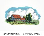 Graphical illustration of a countryside landscape, with vilage and trees.
