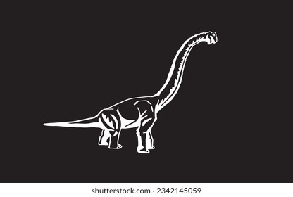Graphical illustration of diplodocus isolated on black background,vector engraved  illustration, dinosaur with long neck
