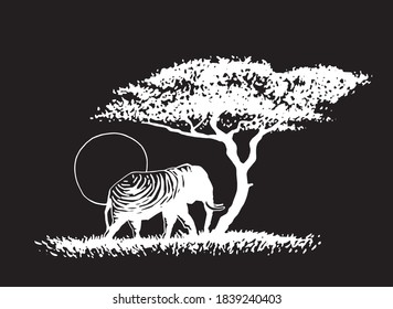 Graphical illustration of elephant walking on the grass isolated on black background, vector 