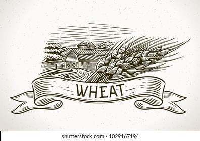 Graphical illustration of a farm with a sheaf of wheat in the foreground and a design element - tapes for inscription. 