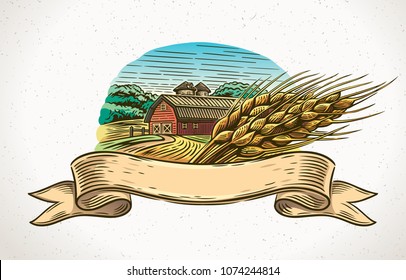 Graphical illustration of a farm with a sheaf of wheat in the foreground and a design element - tapes for inscription. 