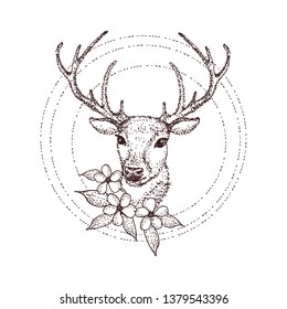 A graphical illustration of a head of a deer, done in a grunge style. Vector, vector illustration.